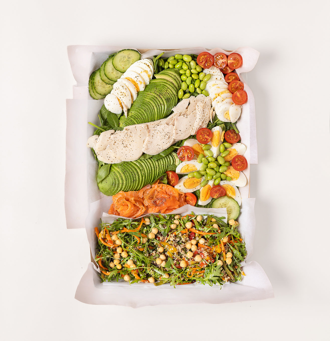 Assorted high protein salad with chicken, salmon, egg, chickpeas for catering in Leeds
