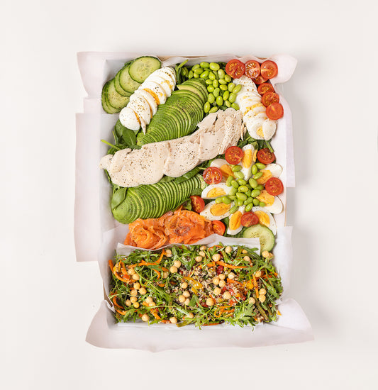 Assorted high protein salad with chicken, salmon, egg, chickpeas for catering in Leeds